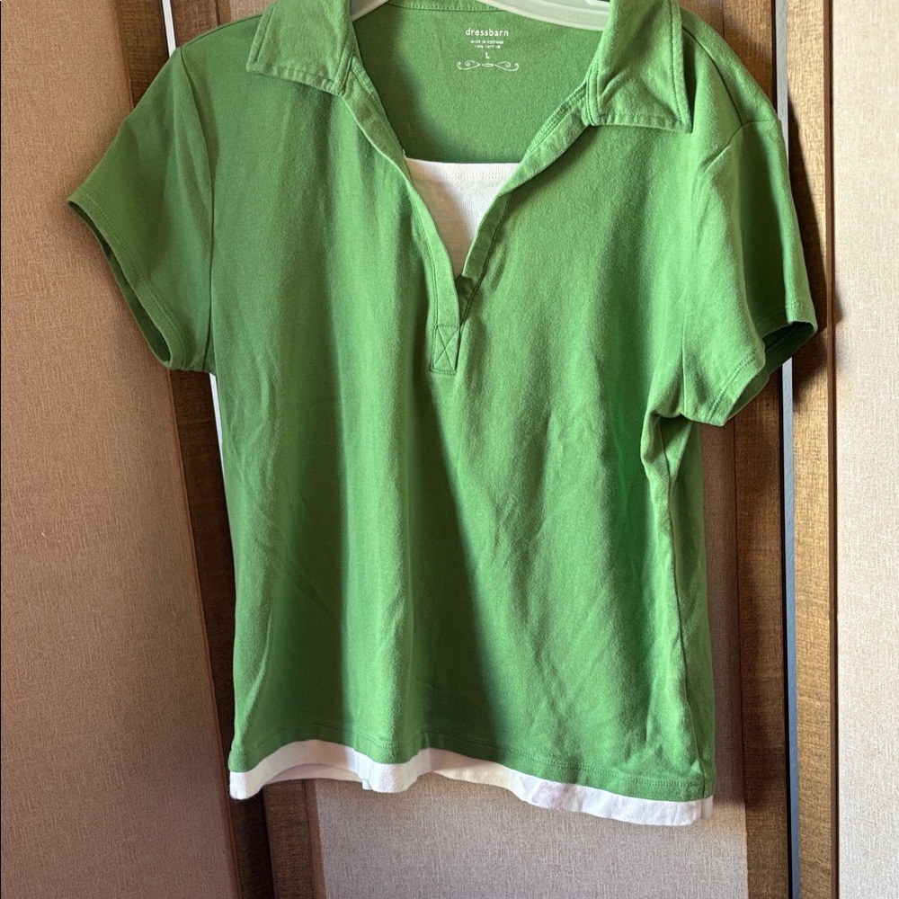 Dress barn Green Polo Shirt with White Trim large